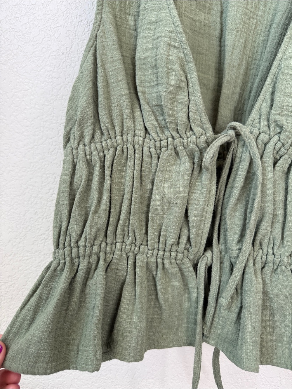 Aerie Sleeveless Drawstring Tank Top Gauze Cotton Cottagecore Olive Green Medium - Picture 6 of 10